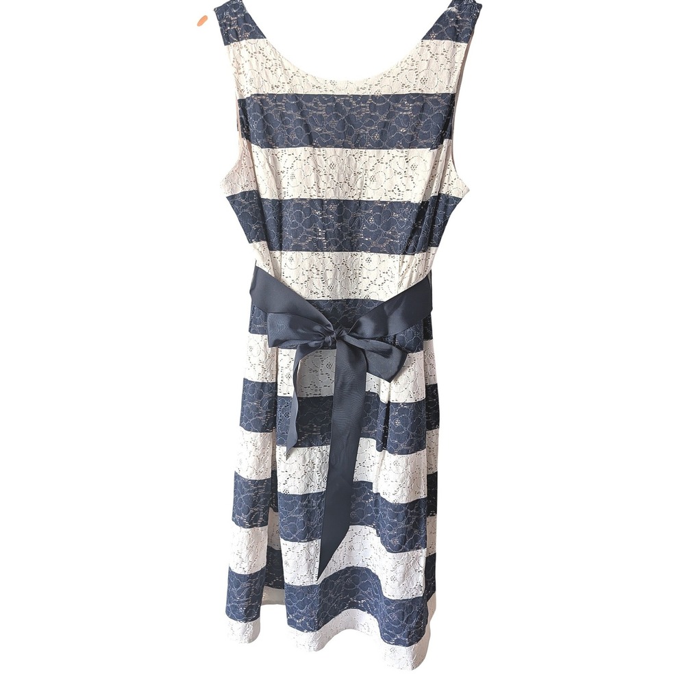 Robbie Bee Lace Stripe Dress Womens 14 Navy Blue White Nautical Fit Flare Ribbon